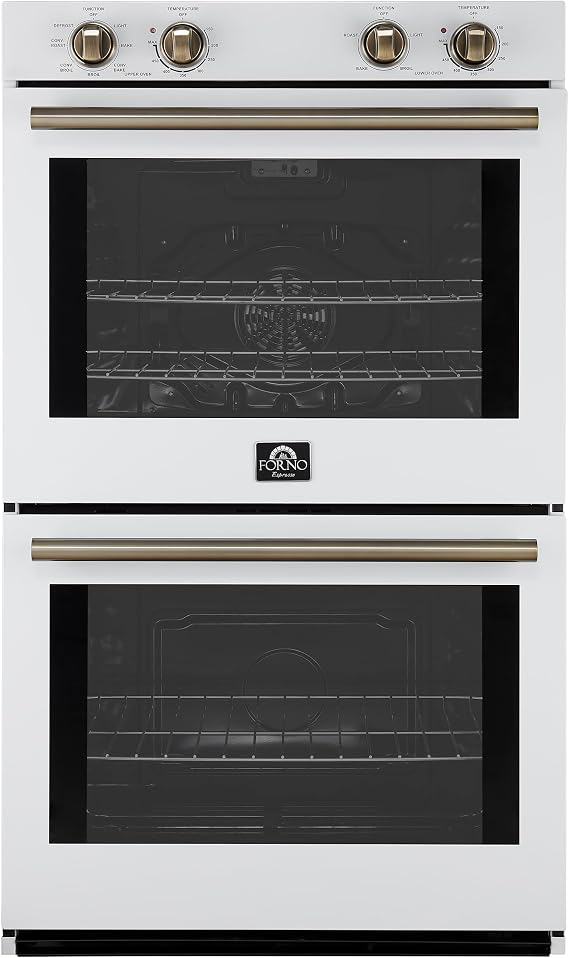 Forno Vomero 30-Inch Double Wall Oven, 10 cu.ft Total Capacity, 7100W Electric Convection with Manual Steam Clean & Mechanical Controls, Includes Both Antique Brass Stainless Steel Handles - White
