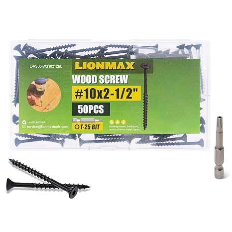 LIONMAX Deck Screws 2-1/2 Inch, Wood Screws #10 x 2-1/2", 50 PCS, Black