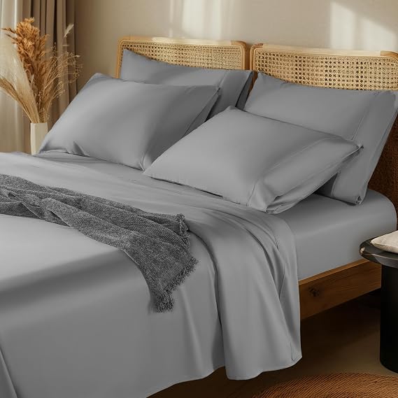 LBRO2M 100% Egyptian Cotton Sheets 16" Deep Pocket 1000TC, 6Pcs Queen | Long Staple Cotton Bed Sheets, Super Soft and Breathable, Comfortable for All Seasons, Gray