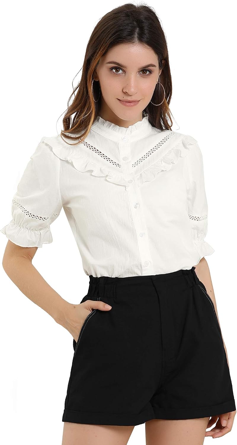 Allegra K Women's Shirt Stand Collar Button Down Short Sleeve Ruffle Neck Eyelet Blouse Top