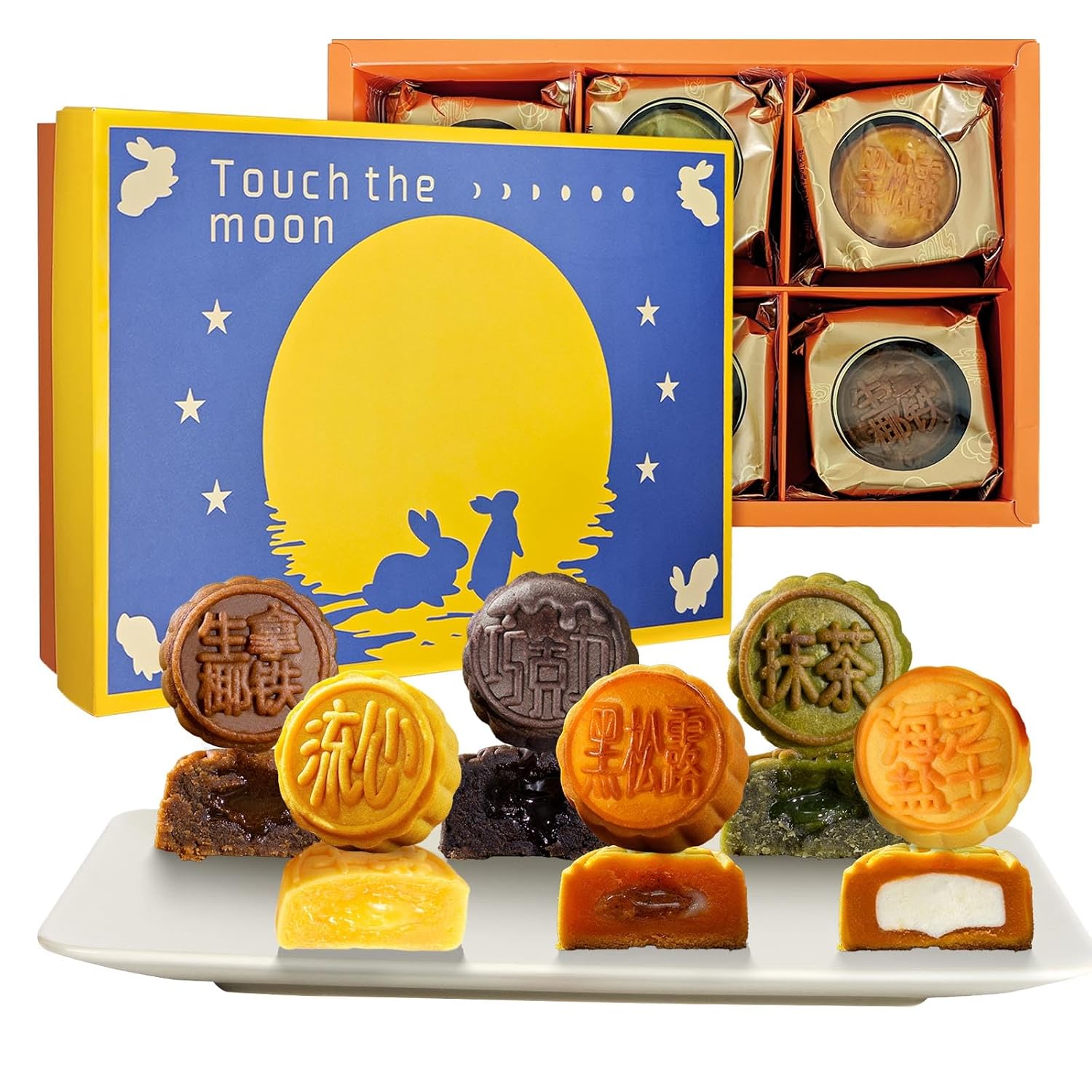 KWOLYKIM 6 Flavors Assorted Lava Mooncakes, Chinese Classic Moon Cakes Mid-Autumn Festival Lave Cakes Chinese Traditional Dessert Asian Pastry with Tea Coffee 10.59oz 6