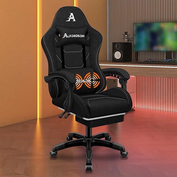ALFORDSON Ergonomic Gaming Chair with Massage, Office Gamer Chair with Retractable Footrest, Massagging Lumbar, Adjustable Height, Comfortable Seat, 150° Recliner, Supports 180 kg, Linen (Black)