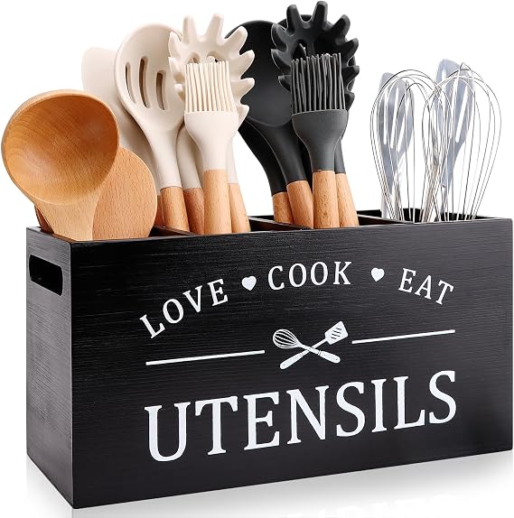 Renawe Black Wooden Extra Large Kitchen Counter Utensil Holder Caddy Organizer for Countertop Rustic Wood Kitchen Tool Decor Utensil Crock Spatula Holder