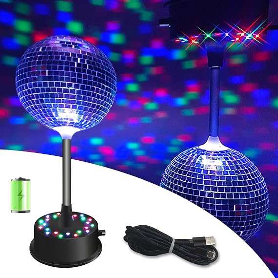 6'' Disco Ball with Motor and Lights, Palujorty Desktop Disco Ball with 5-9 RPM 24 LED Motor for 70s 80s 90s Theme DJ Party, Disco Party Decoration, Wedding, Birthday(USB/Battery Powered)