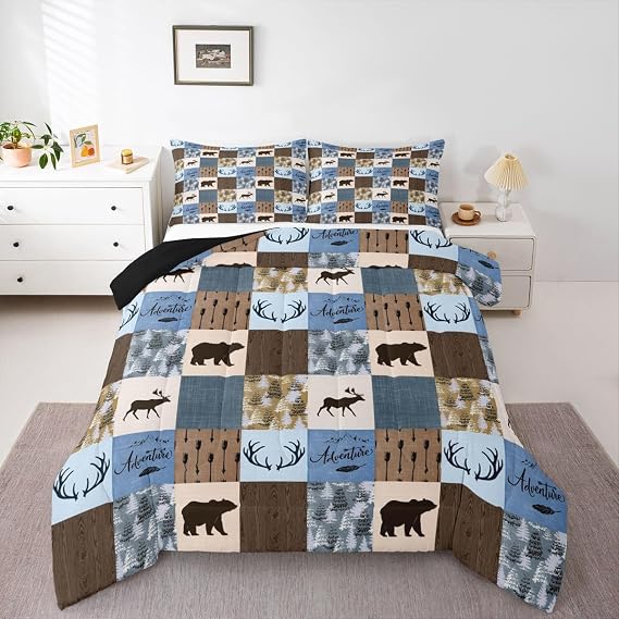 Erosebridal Rustic Deer Comforter Set Twin Size, Bear Patchwork Bedding Set for Kids Teens Adult, Woodland Wildlife Moose Duvet Insert Checkered Plaid Quilt Farmhouse Christmas Decor, Blue Brown