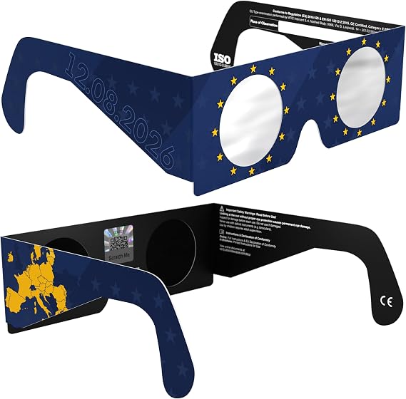 Solar Eclipse Glasses ISO 12312-2 & CE Certified – Safe Solar Viewing for Direct Sun & August 2026 Eclipse | Paper Cardboard Frame, Made in EU | For Kids & Adults