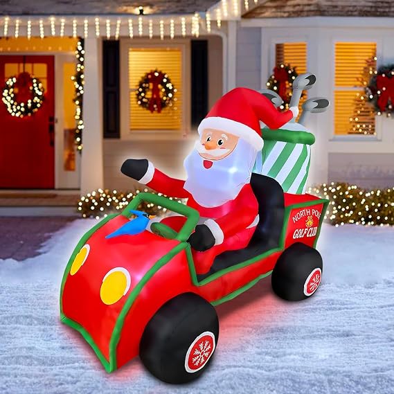 BLOWOUT FUN 6ft Length Inflatable Christmas Golf Cart with Santa Claus
