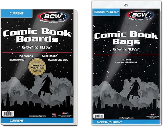 BCW Current Comic Boards and Bags Combo | 100 Polypropylene Comic Bags & Backer Boards | Acid-Free Archival Quality | Crystal Clear | Preserves Collectible Comics | Fits Standard Comic Storage Boxes