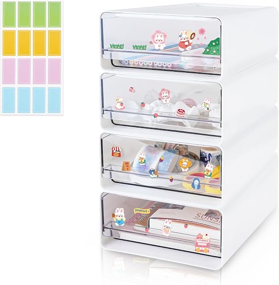 4PCS Stackable Desk Organiser with 4 Drawers, Plastic Storage Drawer | Compact Desktop Organizer Boxes, Translucent Stationary Office Craft Drawers for Dorm