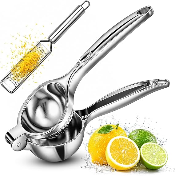 Lemon Squeezer & Zester Set, Large Bowl Stainless Steel Citrus Juicer, Heavy Duty Handheld Lime Press with Seed Filter, Lime Juicer and Citrus Grater for Cocktails, Cooking & Cheese