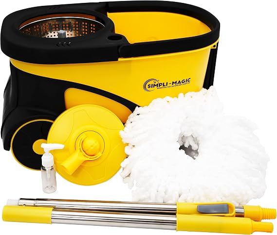 Simpli-Magic 79461 Commercial Grade Stainless Steel Spin Mop System with Replacement Microfiber Mop Head Walkable with Wheels