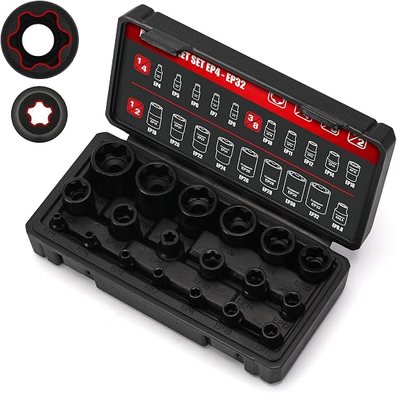 CASOMAN 19PCS External Torx Plus Socket Set, 6 & 5 Point EP Sockets EP4-EP32 with 1/2'', 3/8'' & 1/4'' Dr. EP8.8 Compatible with Tesla, Cr-V Steel