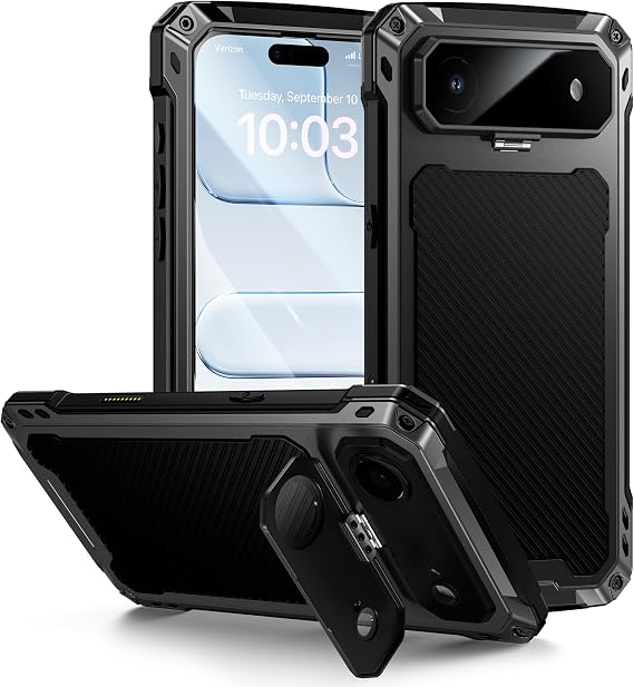 Lanhiem Magnetic for iPhone Air Metal Case, [Built-in Camera & Kickstand] Compatible with MagSafe, Heavy Duty Rugged Full Body Military Protective Cover with 9H Glass Screen Protector, 6.5", Black