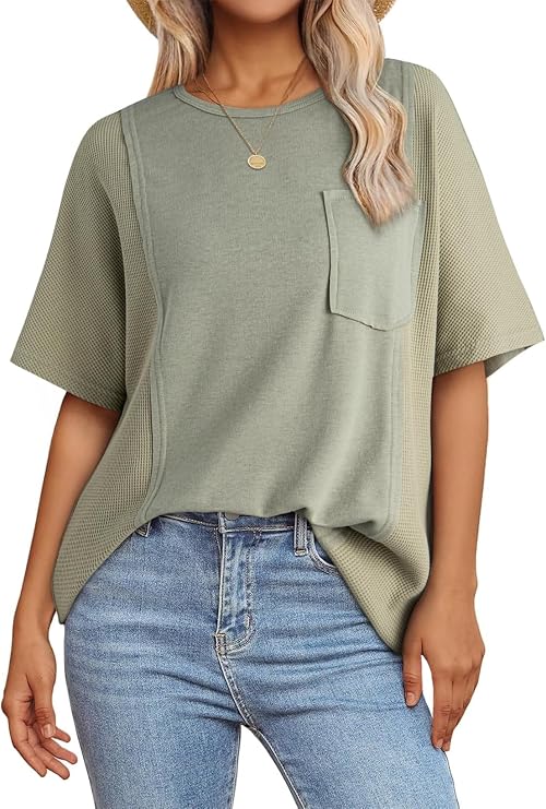 Acelitt Womens Oversized T Shirts Loose Fit Crewneck Short Sleeve Waffle Knit Tops Summer Casual Blouse 2025 Basic Tee