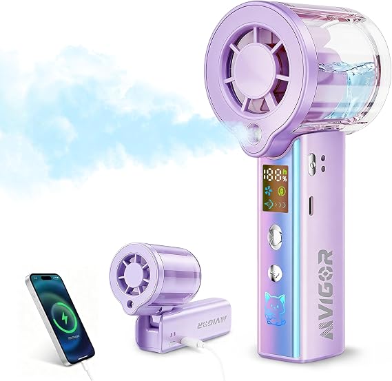 Portable Handheld Fan with Cooling Mist, 30000 RPM High Speed Turbo Personal Fan with Adjustable Speeds, Rechargeable Mini Misting Fan with LED Display for Travel Outdoor Makeup, Purple