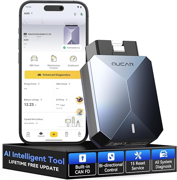 MUCAR AI-Assisted OBD2 Scanner Bluetooth Lifetime Update, BT200 MAX Compatible with ELM327, All System OBD2 Diagnostic Tool with 15 Resets for iOS & Android, CANFD Protocol, Autoauth for FCA SGW
