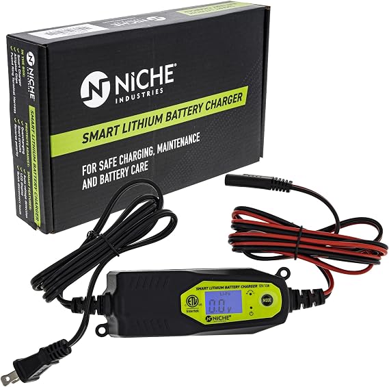 NICHE 1.5-Amp Lithium Battery Charger 12-Volt Smart Maintainer LCD Display | for Honda Polaris Yamaha Kawasaki Can-Am John Deere, Motorcycle Car Truck UTV ATV Boat