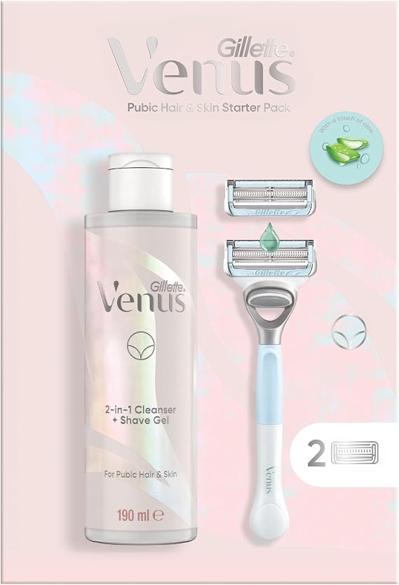 Gillette Venus Razor for Pubic Hair & Skin Protection, 1 Handle & 2 Blade Refills - Includes 2-in-1 Shave Gel & Cleanser 190ml, Sensitive Skin Protection for Women