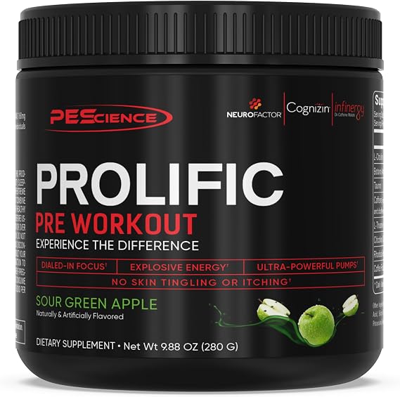 PEScience Prolific Pre-Workout Powder, Sour Green Apple, 40 Scoops