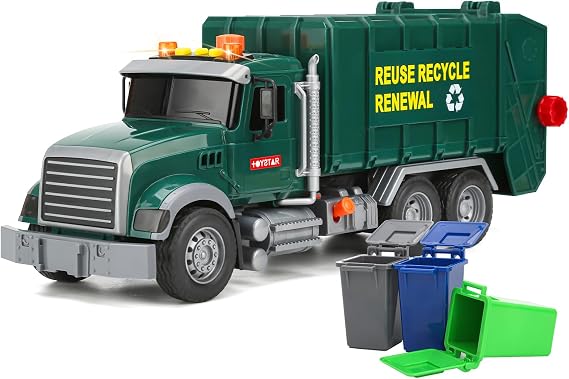 SASBSC Big Garbage Truck Toys for Boys: Powered Push Car with Lights and Sounds, Trash Truck Sorting Model Car, Building Toy Set with 3 Garbage Cans, Age 4-7