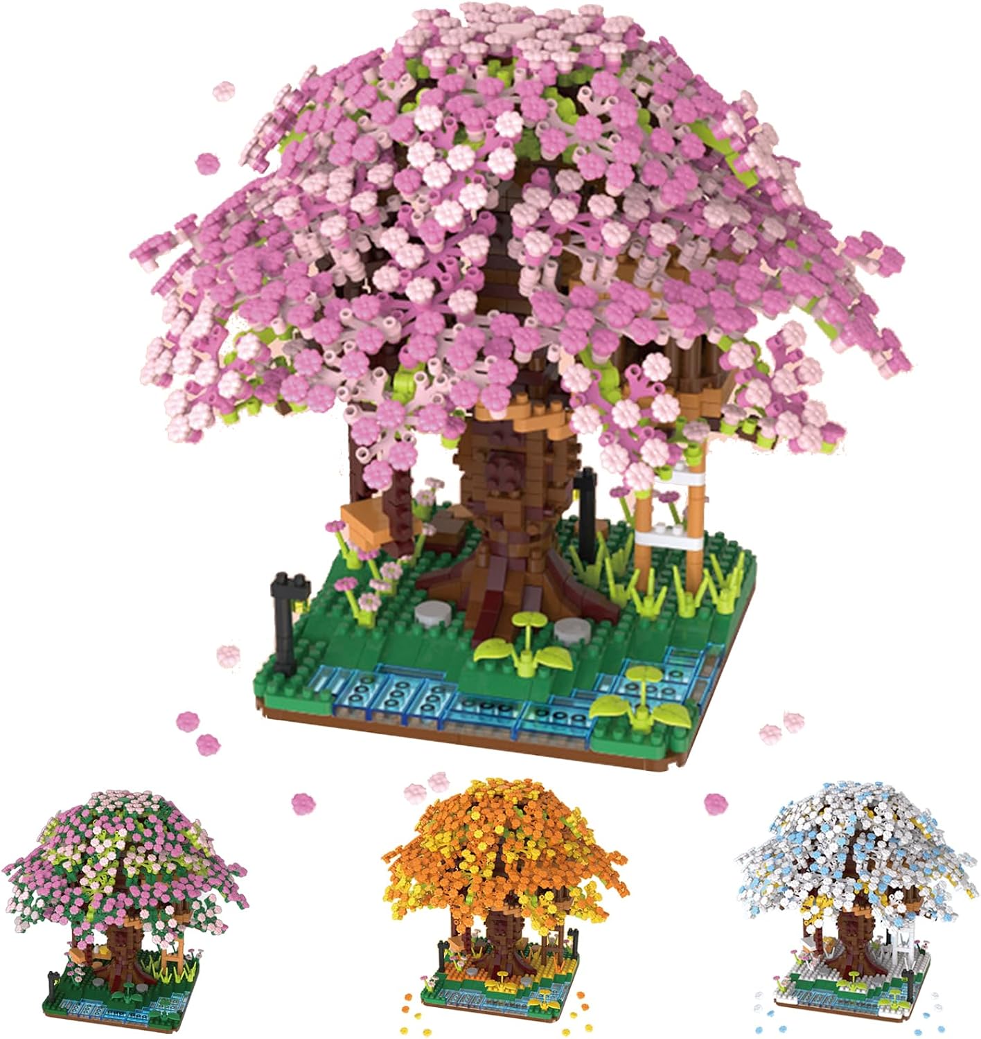 Cherry Blossom Tree House Adult Artificial Flower Mini Block Set, Spring/Summer/Fall/Winter Seasons Beauty Plant Series, Bouquet Tree House Block Set, Suitable for Gift/Home Decoration (Spring)