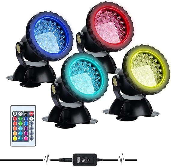 Underwater RGB Spot Lights - 12V Waterproof Garden Pond Light, Remote Control Amphibious Change Color Submersible Lights for Garden Pond Aquarium Courtyard Swimming Pool Fountain Fish Tank(Set of 4)