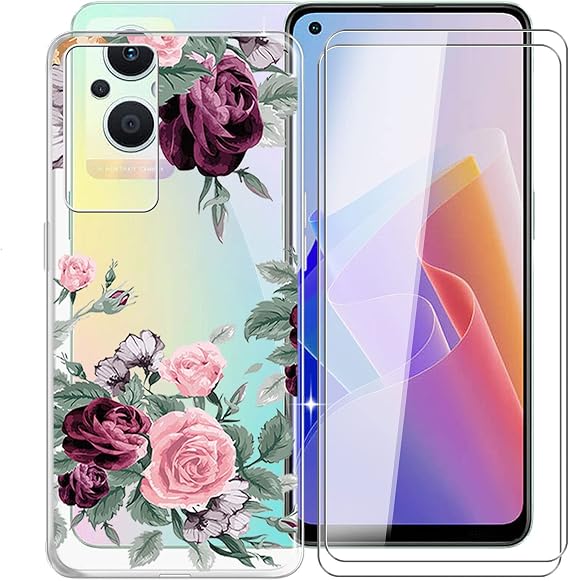 Phone Case for Oppo F21 Pro 5G (6.43"), with [2 x Tempered Glass Screen Protector], Anti-Scratch Shock-proof Clear Soft TPU Bumper Ultra-Thin Case for Oppo F21 Pro 5G - Rose Flower