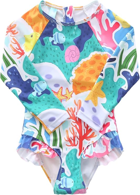 Baby Girls Long Sleeve Bathing Suits One Piece Swimsuits for Kids Sun Protection Rash Guard Swim Shirts