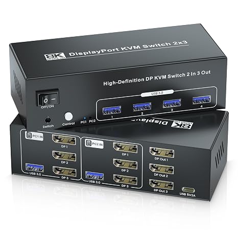 8K60Hz 4K120Hz DisplayPort KVM Switch 3 Monitor 2 Computer, USB 3.0 DP KVM Switch 2 for Computer, 1 Set of Keyboard, Mouse, Printer, 3 Monitors, 4 Ports USB 3.0 Peripheral Sharing