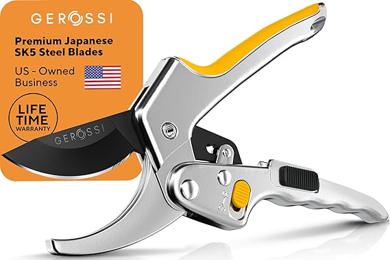 Ratchet Pruning Shears for Gardening Heavy Duty - Increases Cutting Power 3x - Perfect Ratchet Pruners for Weak Hands & Arthritis - 8 Anvil Garden Clippers - Sharp Blade for Effortless Cutting-Yellow