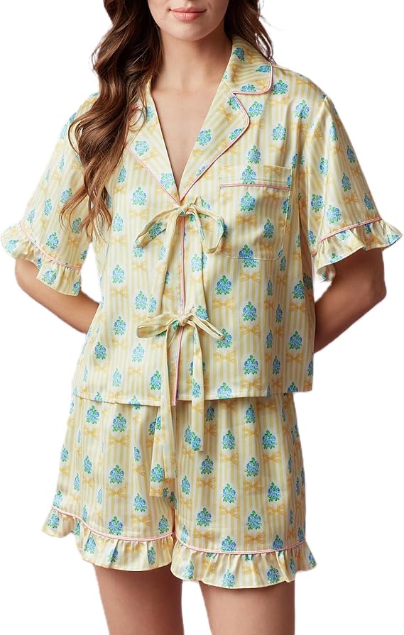 Women Satin Pajama Set 2 Piece Lounge Sets Short Sleeve Tie Front Tops and Shorts Cute Silk Pajamas Pjs