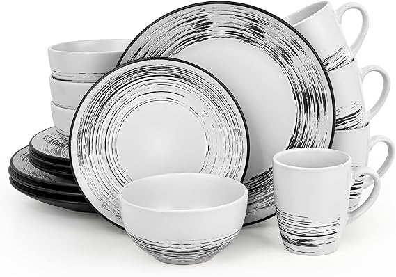 Homlouue 16 Pcs Stoneware Dinnerware Sets for 4, Porcelain Farmhouse Plates Bowls Mugs Set - Minimalist Chip Resistant Dish Set, Microwave & Dishwasher Safe in White and Black Thread