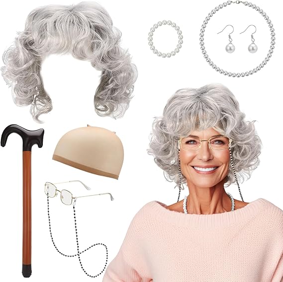 Invalidism 8 Pcs Old Lady Fancy Dress Set Granny Costume for Halloween