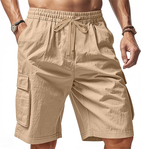 Men's Shorts Casual Cotton Linen Elastic Waist Summer Beach Vacation Shorts with Multi-Pocket