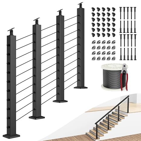 BLIKA Complete Set 36" Stair Railing Post Kit(Post 35"x2"x2"), Black 25-35 Angle Drilled Line Post, Invisible Cable Railing System Kit Include 4Pack Stair Posts, 1/8" Stainless Cable(No Handrail)