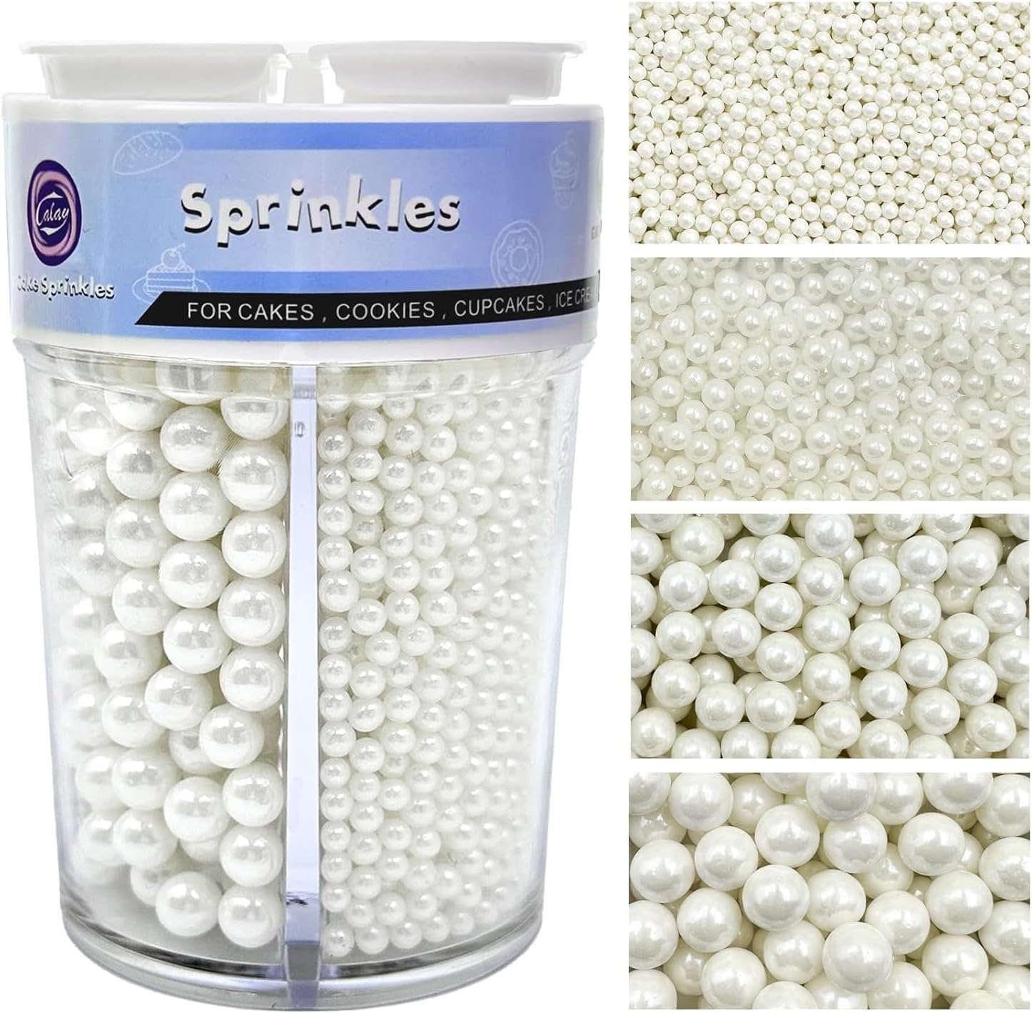 White Pearl Sprinkles for Cake Decorations 130g Mother Of Pearl Sugar Cake Sprinkles 4 Sizes for Cake Cupcake Cookie Baking Donuts Ice Cream Toppings - Weddings, Birthday & Parties
