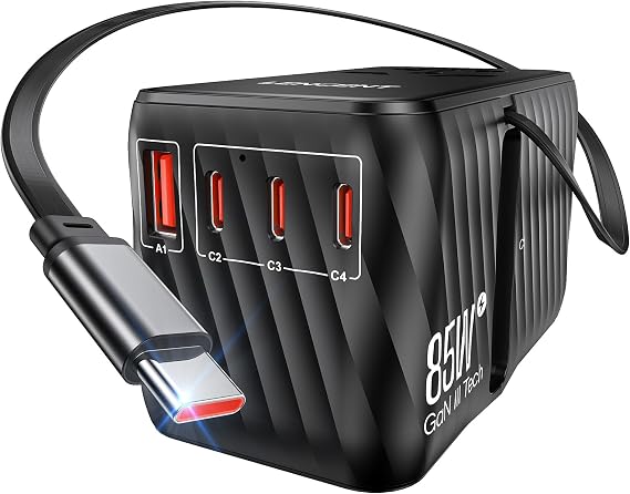 LENCENT 85W Universal Travel Adapter with Retractable USB C Cable, GaN