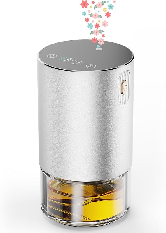 Waterless Essential Oil Diffuser, Rechargeable Aromatherapy Scent Diffusers for Home, Car, Bedroom, Office, 1/2/4/8-Hour Timer, 100ml Capacity, 3 Mist Levels, Silver