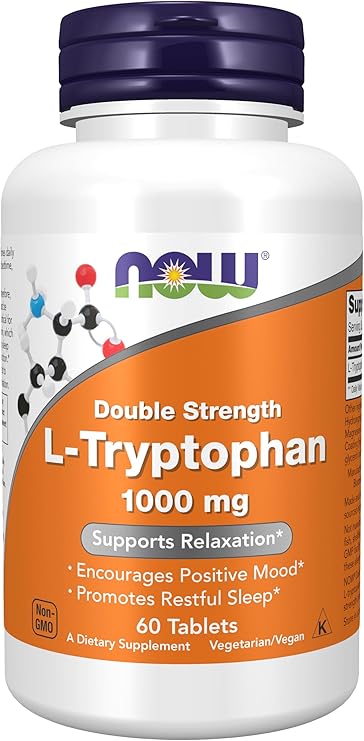 NOW Foods Supplements, L-Tryptophan 1,000 mg, Double Strength, Encourages Positive Mood, Supports Relaxation, 60 Tablets