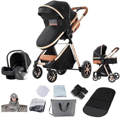 Magic ZC 3-in-1 Combination Pushchair 3-in-1 Complete Set with Reversible Two-Way Push Buggy with Accessories High Landscape Foldable Portable One-Click Design (V9 Black)