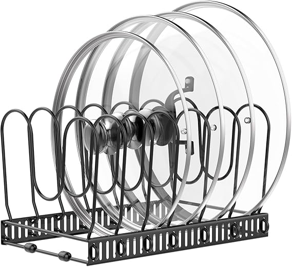 Housolution Pot and Pan Lid Organizer Holder Storage Rack, Black | 7 Adjustable Dividers, Sturdy Metal Construction, Easy Assembly