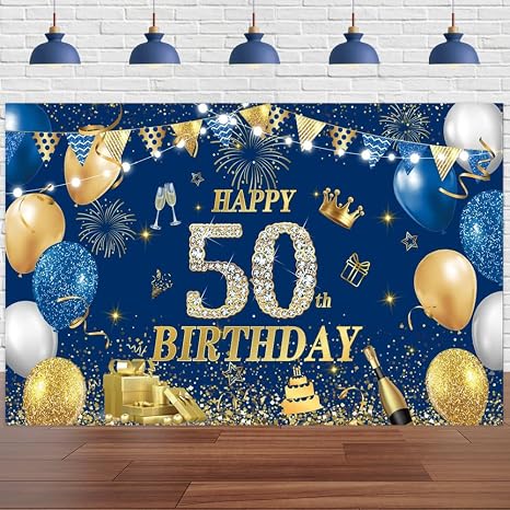 Yontree Happy 50th Birthday Banner Blue Gold, 1.8 x 1.1 m Happy Birthday Backdrop Banner Navy Blue Gold 50th birthday Decorations for Men Women 50 Years Old BIRTHDAY Anniversary Party Supplies