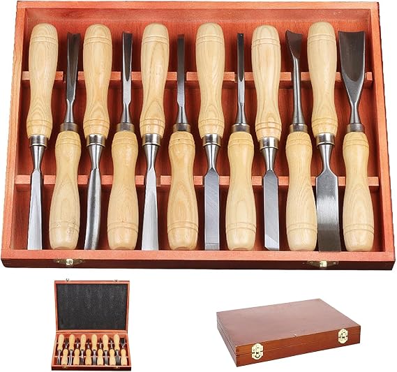 12Pcs Woodworking Wood Carving Tools Kit with Wooden Box | Wood Whittling Set Wood Chisel Sets with 60Cr-V Steel Blades for Woodworking Beginners and Professionals