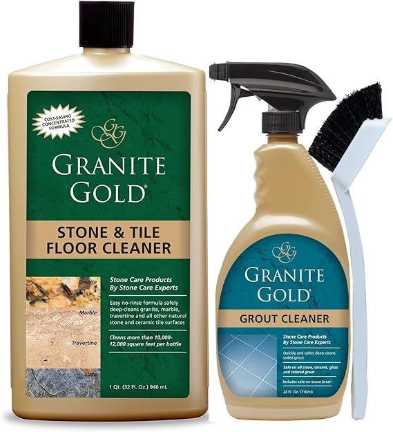 Granite Gold 32oz Stone & Tile Floor Cleaner and 24oz Grout Cleaner with Brush for Stone, Tile & Glass Surfaces