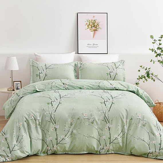 WONGS BEDDING Sage Green Floral Duvet Cover Set Queen, 3 Pieces Flower Plum Blossom Printed Bedding Set with 2 Pillow Shams, Botanical Branch Comforter Cover Set Queen Size 90"X90"(Not Comforter)