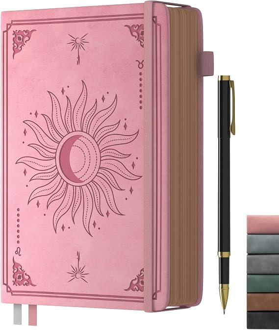 Smarpau A5 Notebook, Lined Journal & Pen Set, Vintage Hardcover Leather Journal within 366 Pages 100gsm Thick Paper, College Ruled Journals for Women Men Writing School Office, 14.5 x 21cm - Pink