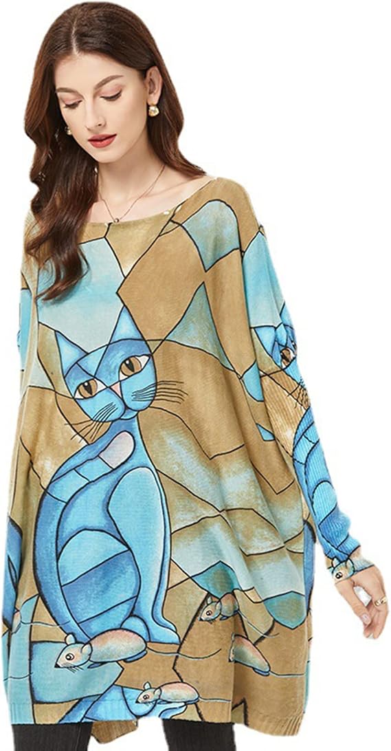 Women Sweater Oversized Cat Printing Pullover Sweaters-Crewneck Casual Long Sleeve T Shirts Khaki