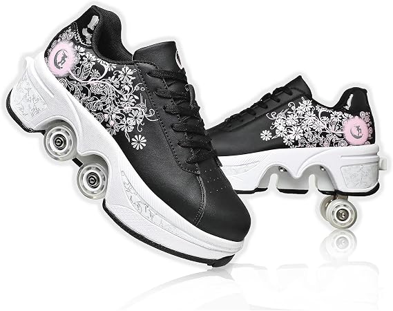Roller Skate Shoes for Women Four Rounds Children's Roller Skates Shoes that Turn into Rollerskates Sneakers Outdoor Light Shoes with Wheels for Girls/Boys