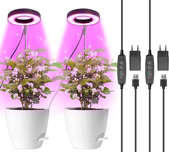 Qoolife Plant Light Led Full Spectrum, Indoor Plants Grow Lamp, Height Adjustable Grow Light with 3/9/12H Automatic Timer, 10 Brightness and 3 Light Modes, Perfect for Small Plants (2 Pieces) [Energy Class A]