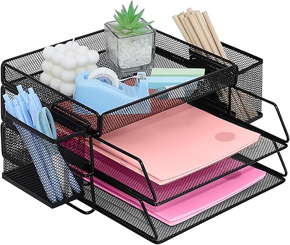 Letter Trays Stackable with Top Stationery Holder, 2-Tier Metal Desk Organizer Tray with 2 Pen Holder, Paper Filing Tray for Office Supplies - Black